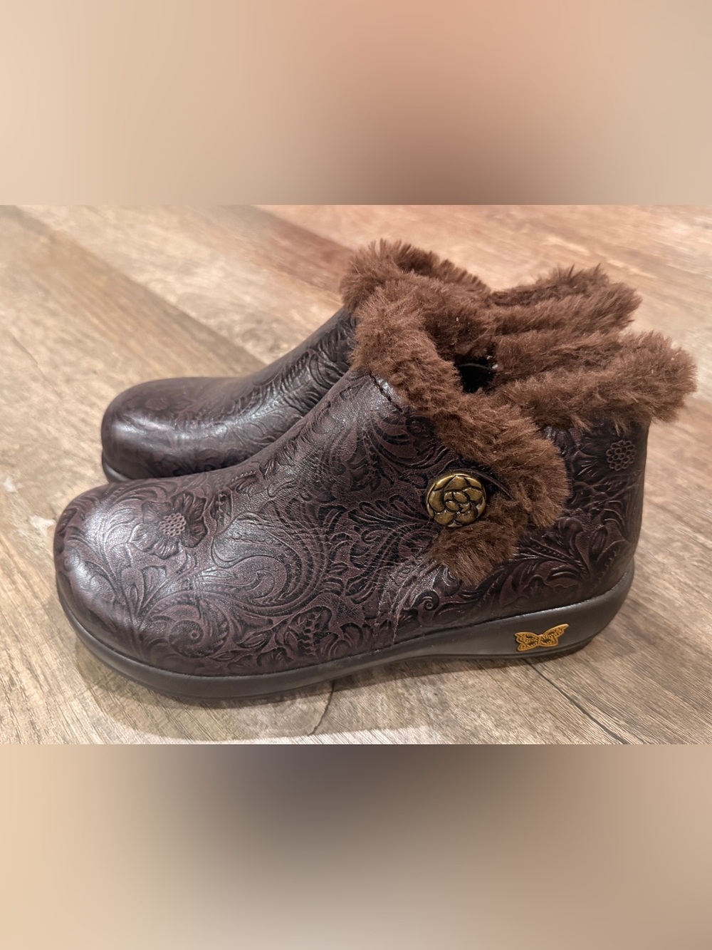 Alegreia Meri Brown Tooled Leather Ankle Boots Faux Fur Lined